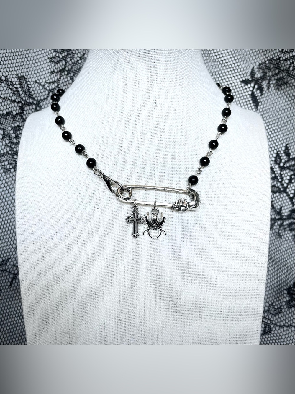 Gothic Skull Safety Pin Charms Necklace